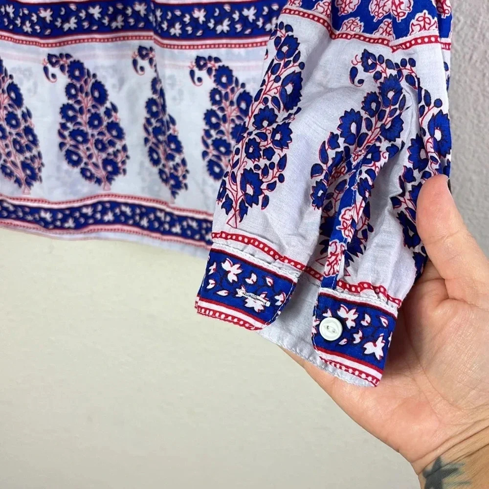 J. Crew French Country Peasant Red White Blue Paisley V-neck Top Blouse size 4 - Picture 6 of 10